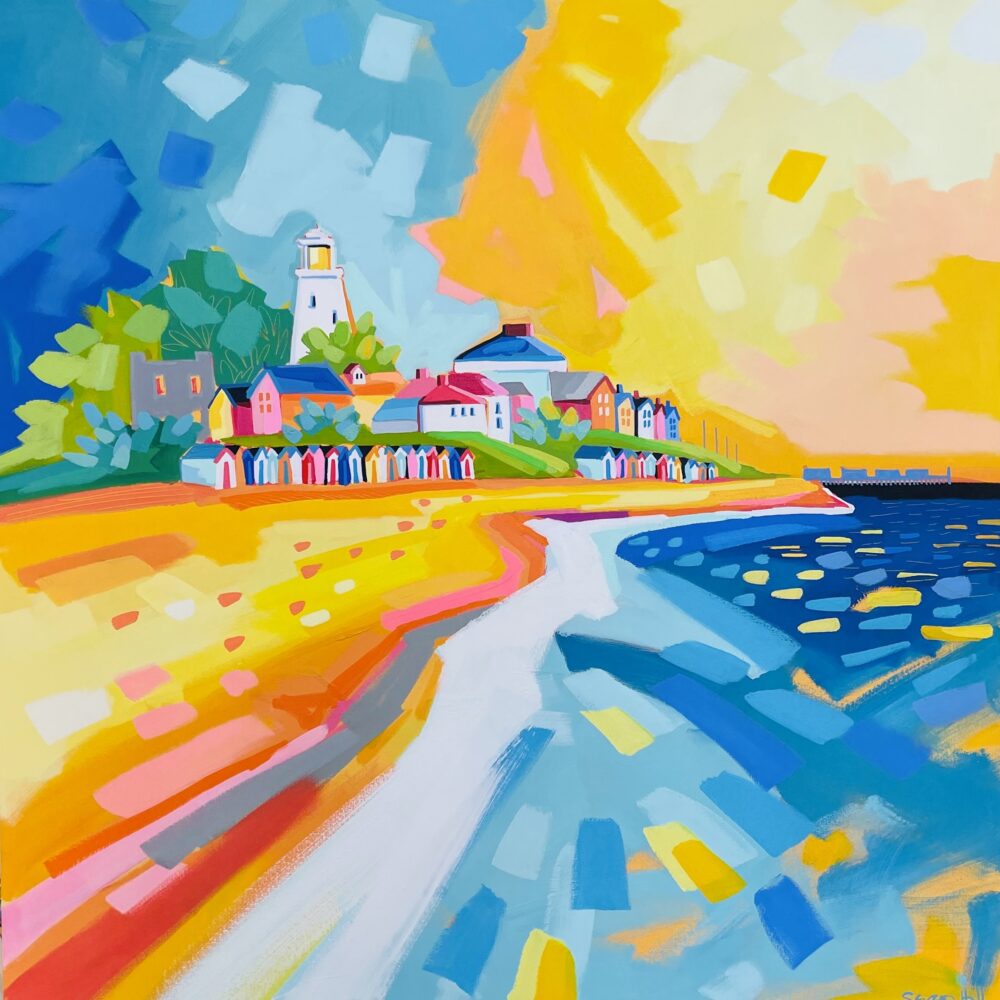 A super bright painting of Southwold beach from Serena Hall Gallery